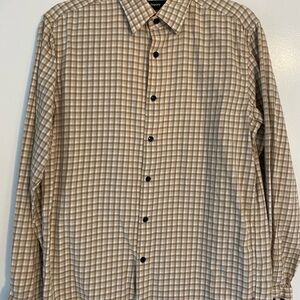 Theory Tan Casual Button Down Shirt with Checkered Pattern